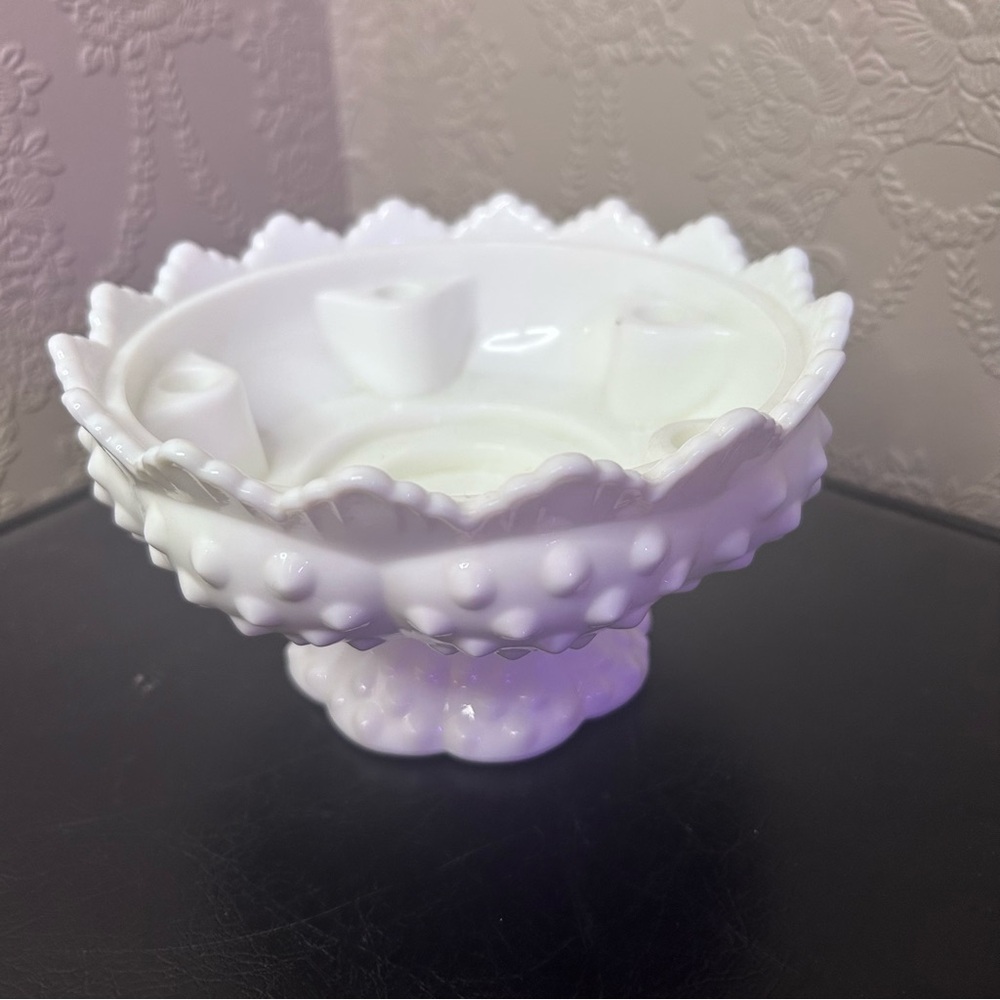 Vintage Fenton Footed HOBNAIL WHITE MILK GLASS 6 Candle Holder Bowl Centerpiece